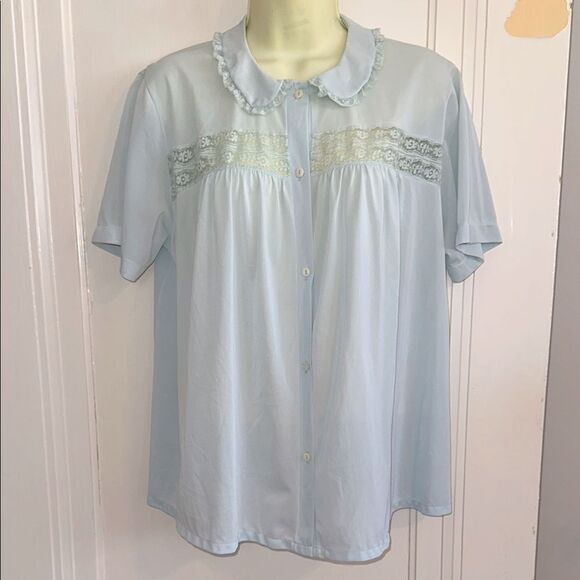 Vintage 50s/60s Artemis light blue short sleeve button front pajama top - Picture 1 of 8